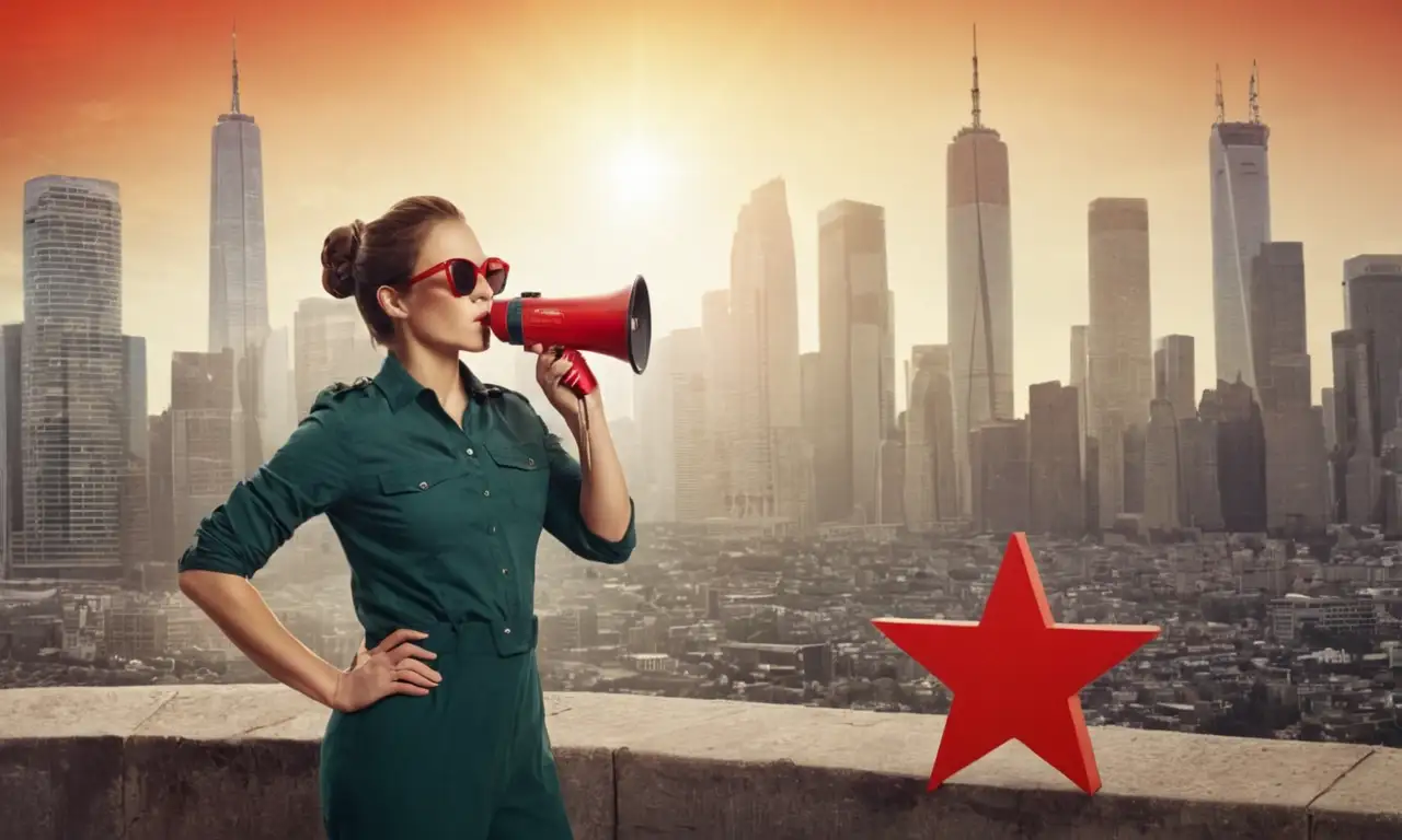 Una persona que lleva gafas de sol y sostiene un megáfono frente a un horizonte de la ciudad con un símbolo de estrella roja.