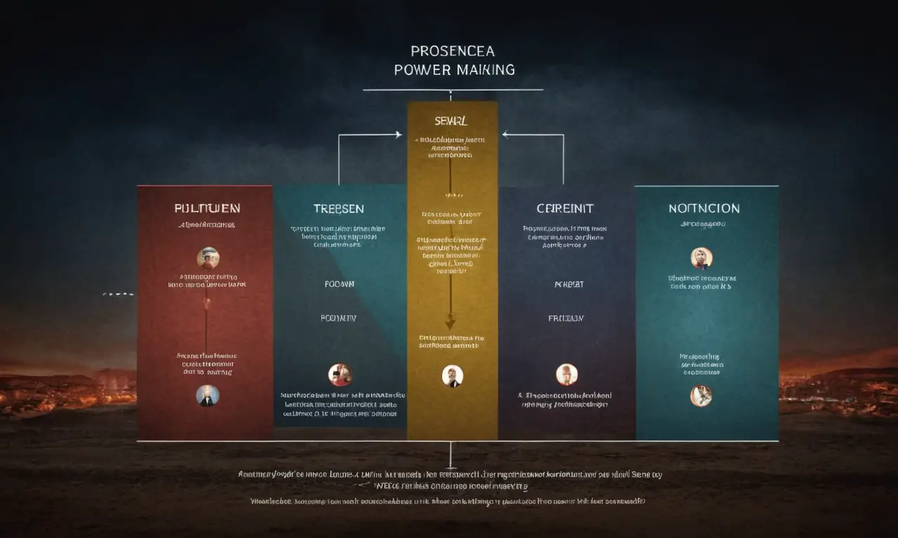 Un diagrama complejo que ilustra la estructura del poder y la toma de decisiones en un régimen autoritario.