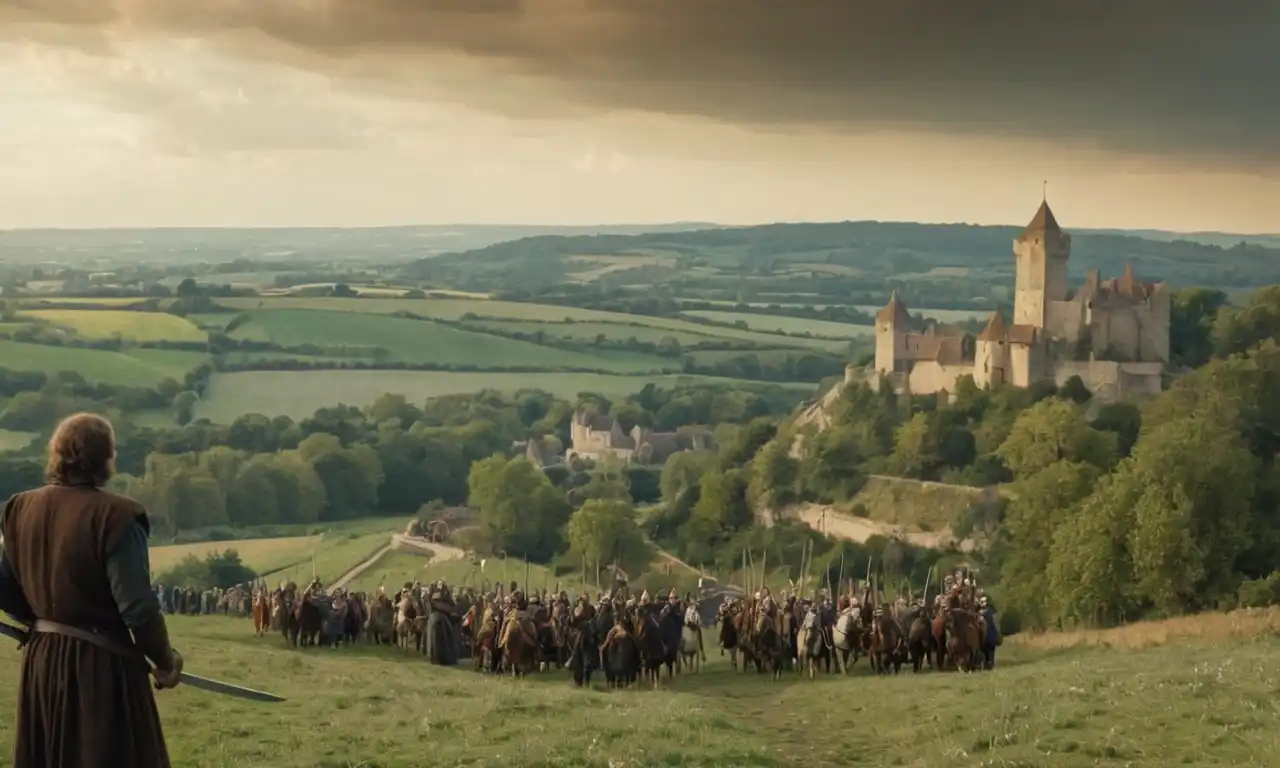 Un paisaje medieval con un señor sosteniendo una espada y campesinos trabajando en el fondo.