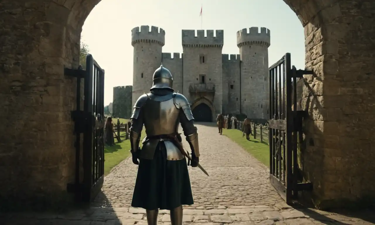 Un caballero de pie guardia frente a una puerta de castillos medievales.