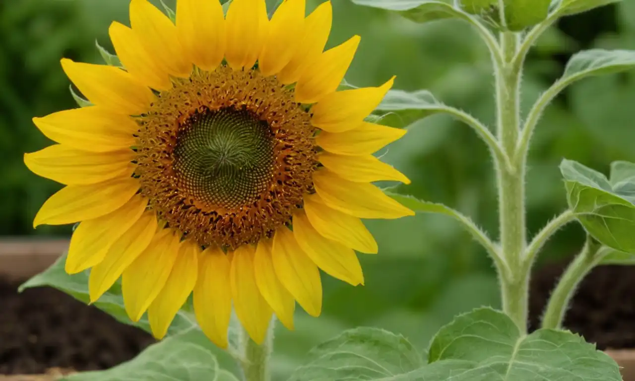 Un girasol que florece de la semilla a la flor madura en un jardín.