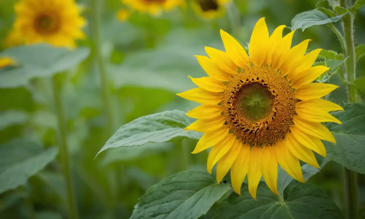 Una flor girasol floreciendo en medio del follaje verde y detalles intrincados.