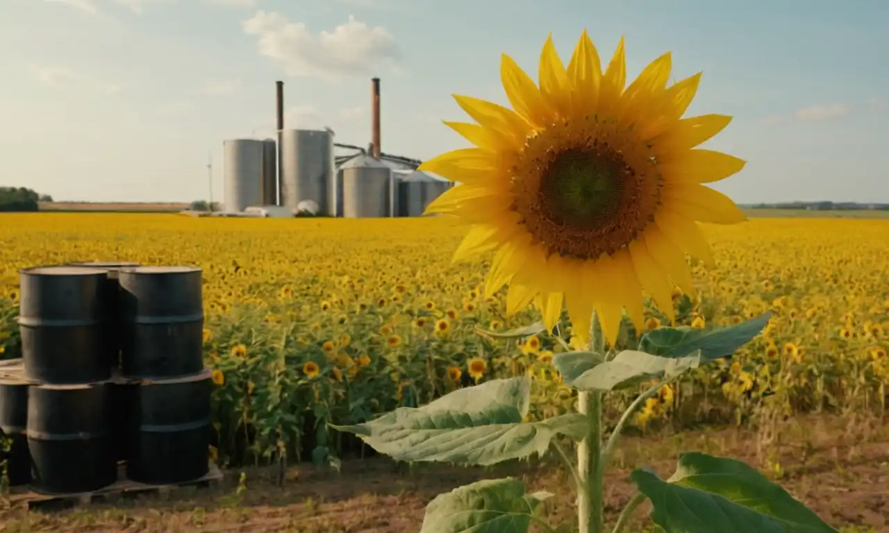 Una planta de jirasol en un campo con varios productos industriales como el aceite y los barriles de harina.