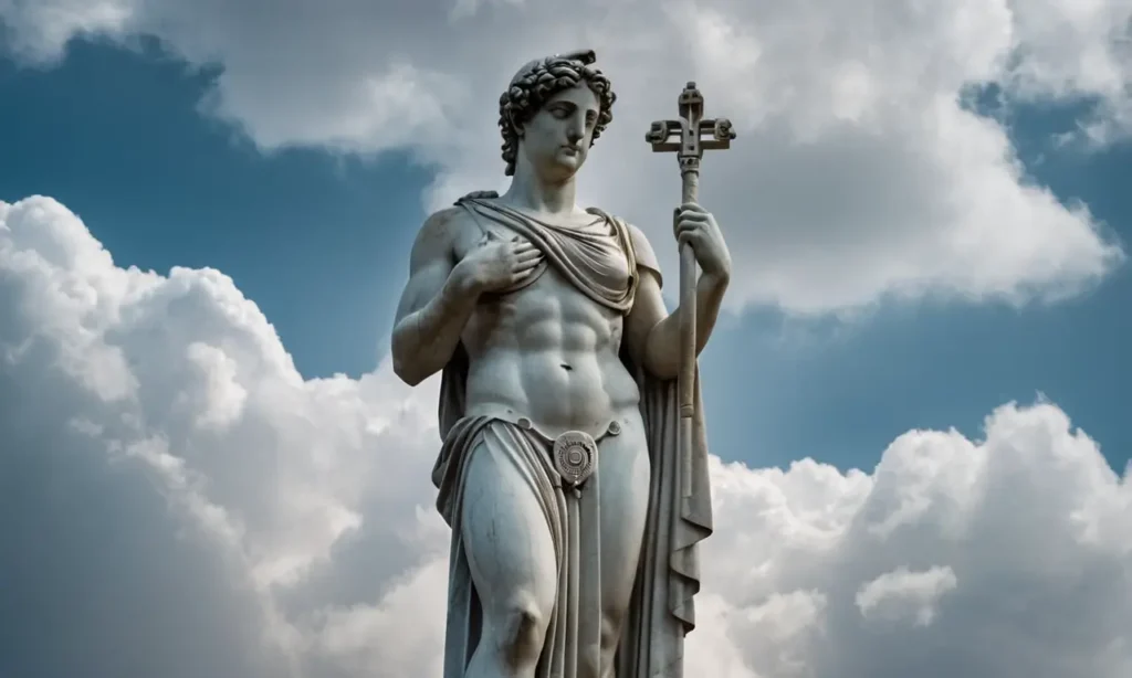 Una antigua estatua griega rodeada de nubes falsas