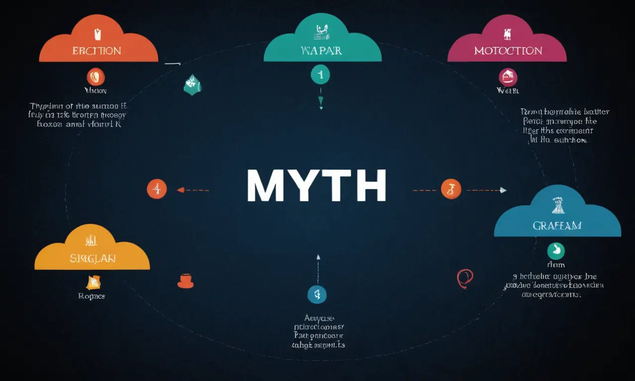 Un diagrama que ilustra diferentes tipos de mitos con ejemplos y características enumeradas en el fondo.