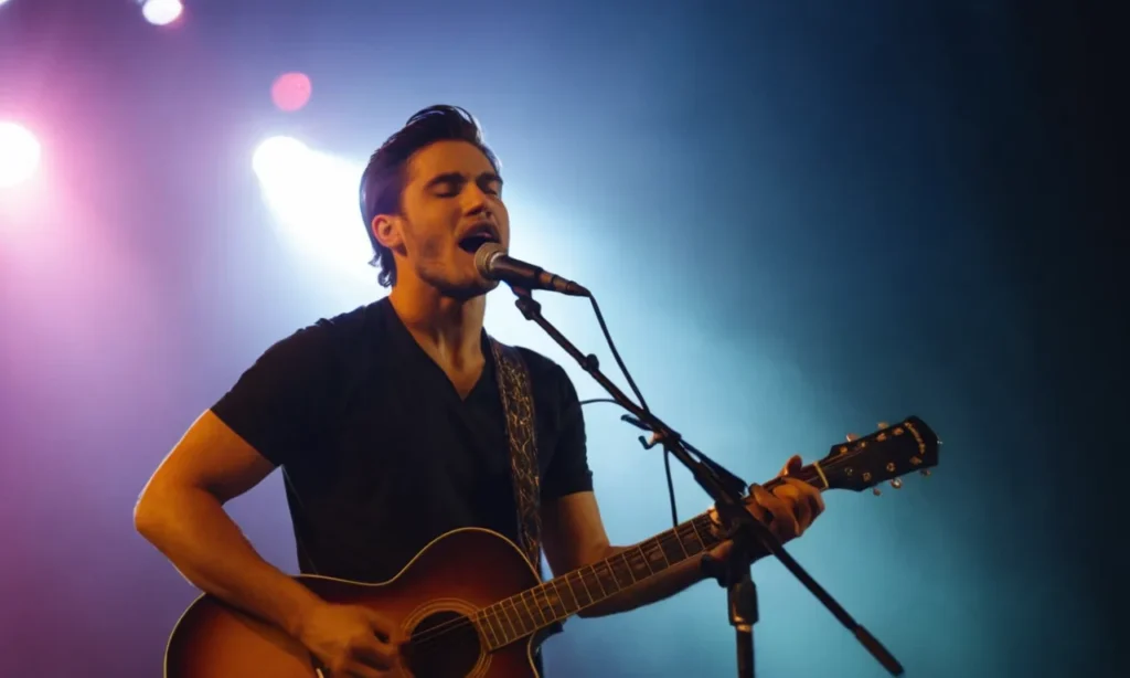 Un músico tocando guitarra y cantando en micrófono en el escenario.