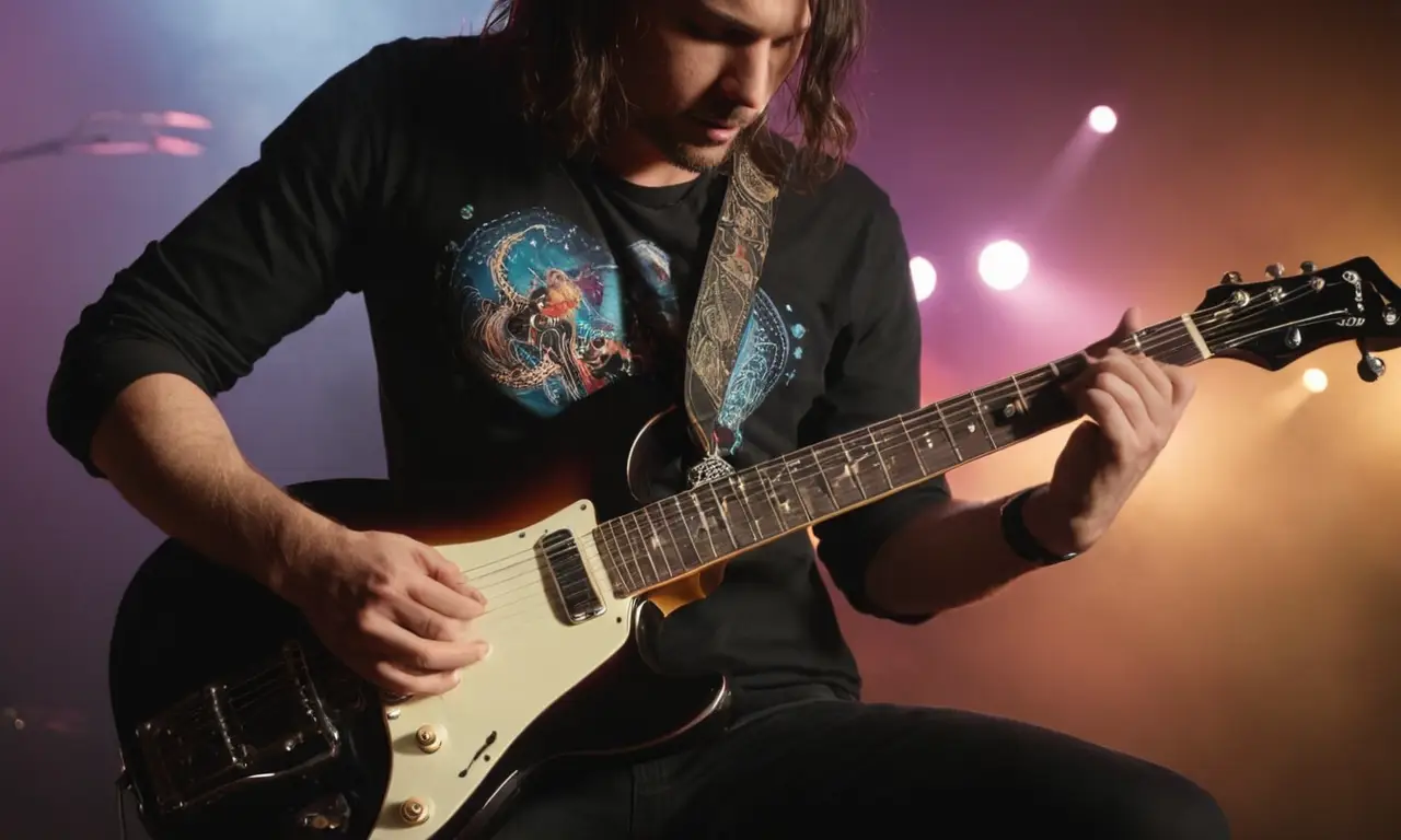 Guitarra tocando un riff basado en escala pentatónica en una guitarra eléctrica con símbolos de música rock en el fondo.