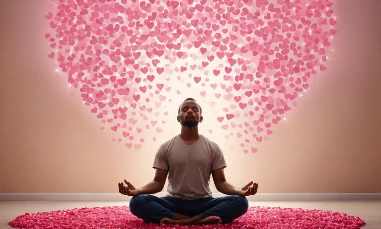 Una persona meditando con una burbuja de pensamiento rodeada de corazones.