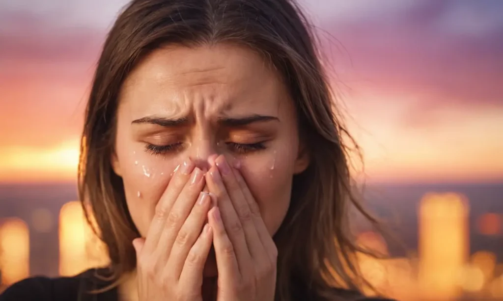 Una persona llorando con lágrimas fluyendo por la cara frente a un paisaje urbano borroso al atardecer.