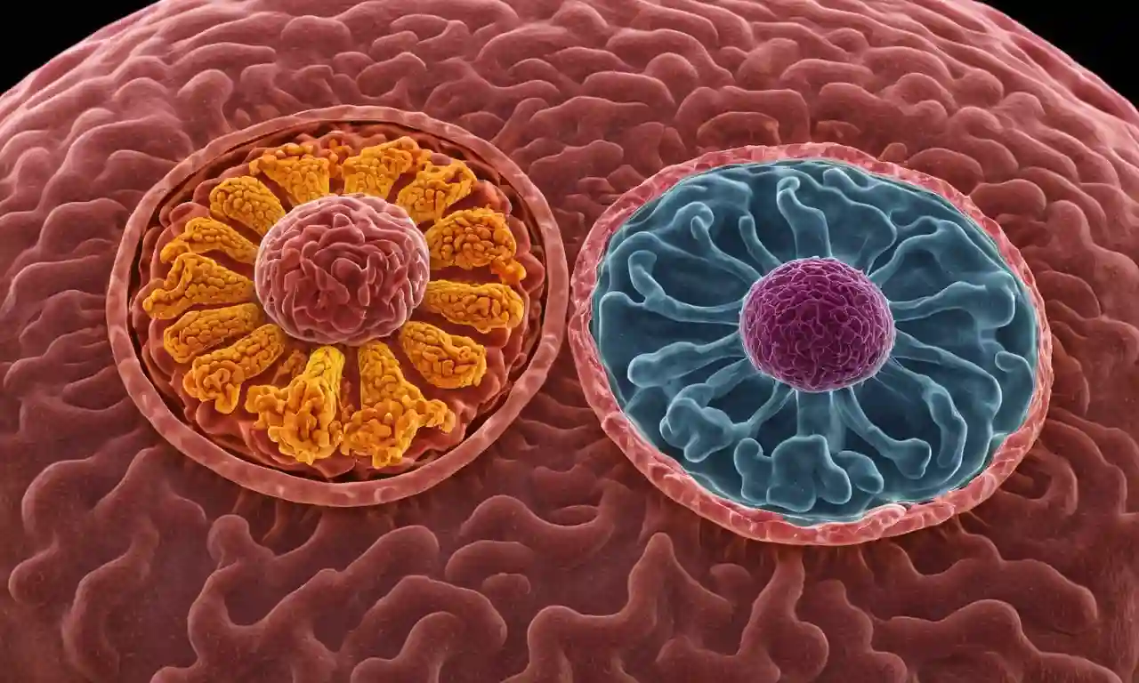 Una ilustración que muestra las diferentes partes de una célula eucariota, como núcleo, mitocondria y reticulum endoplasmático.