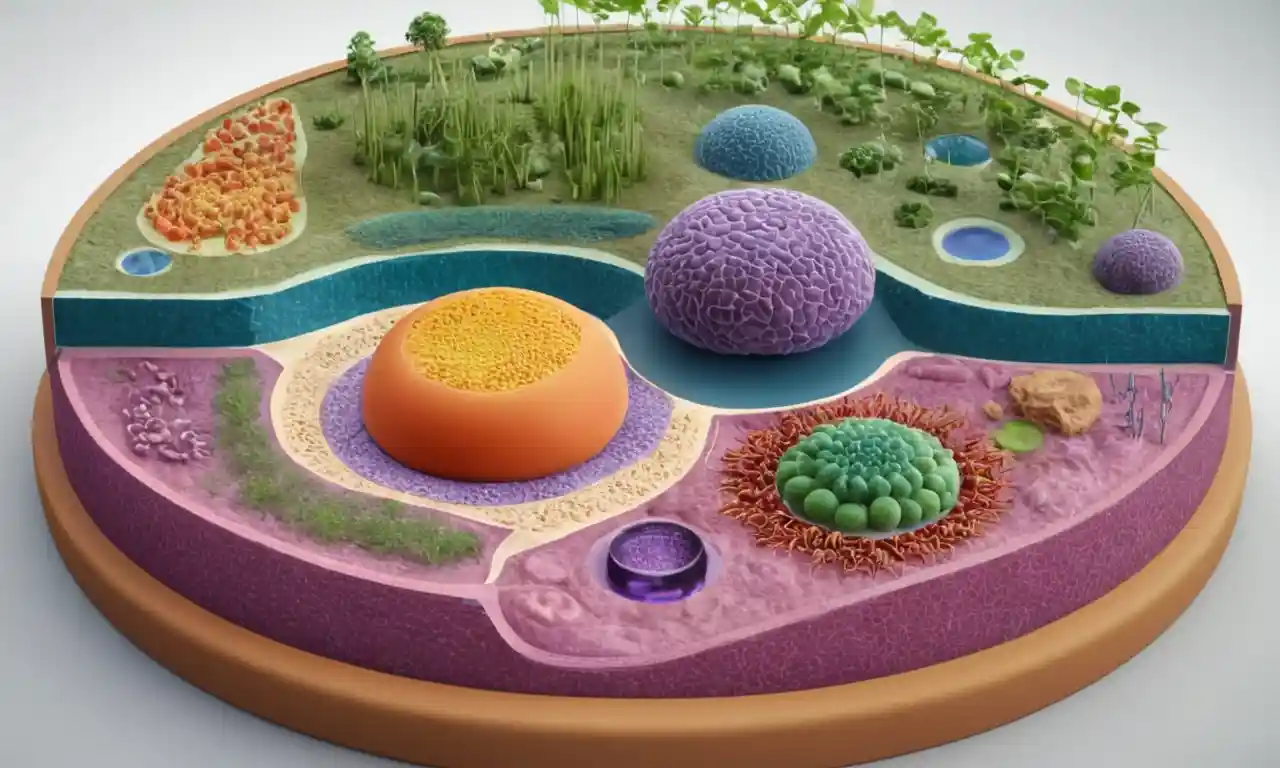 Un diagrama de una célula vegetal que muestra sus diversos componentes y procesos celulares.