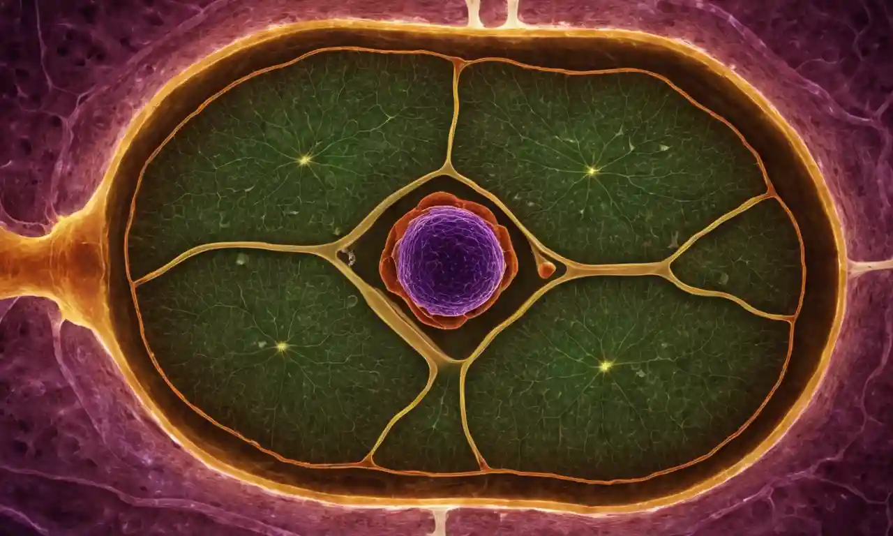 Imagen microscópica de una célula vegetal con componentes y estructuras etiquetados.