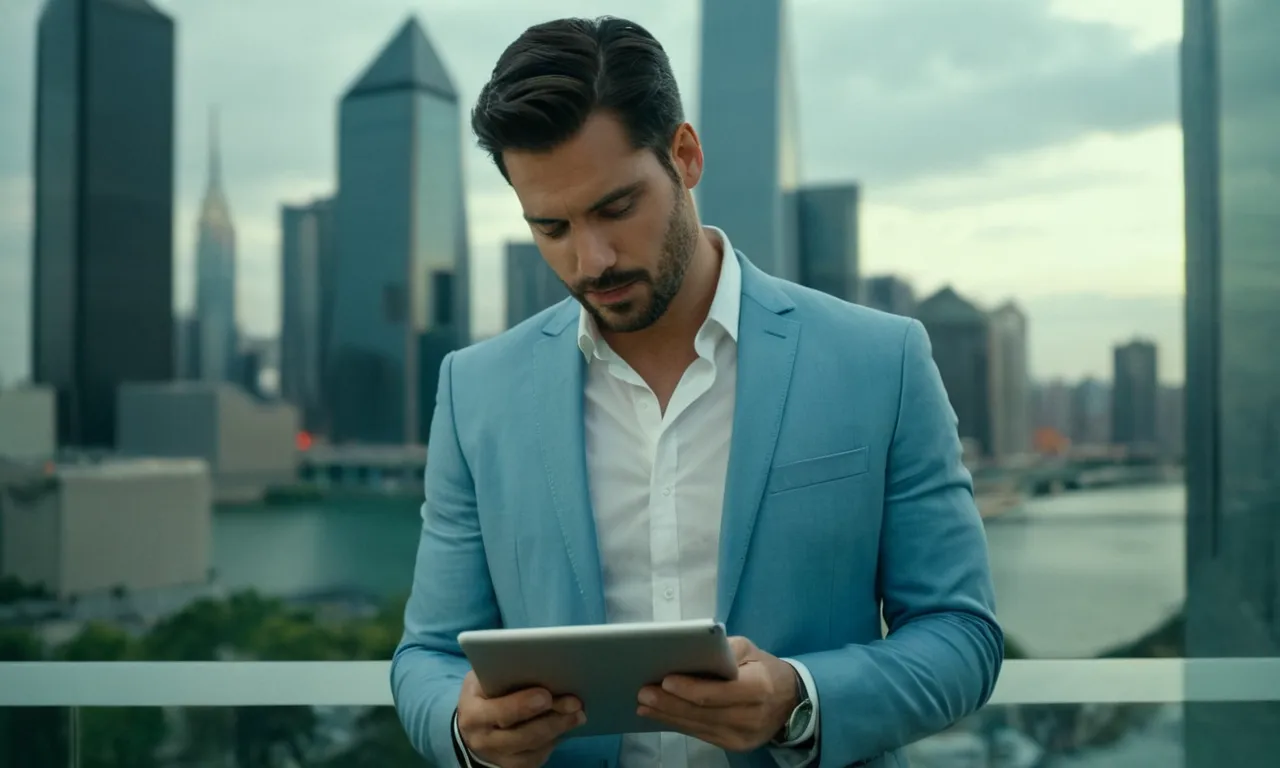 Un líder de negocios revisando los datos en una tableta mientras se encuentra frente a un paisaje urbano.