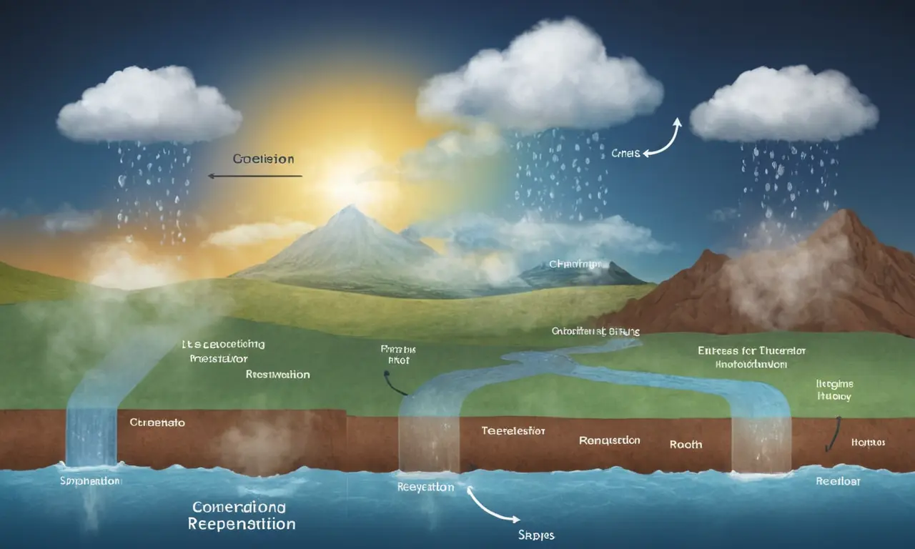 Un diagrama que ilustra el proceso del ciclo del agua, mostrando evaporación, condensación y precipitación.