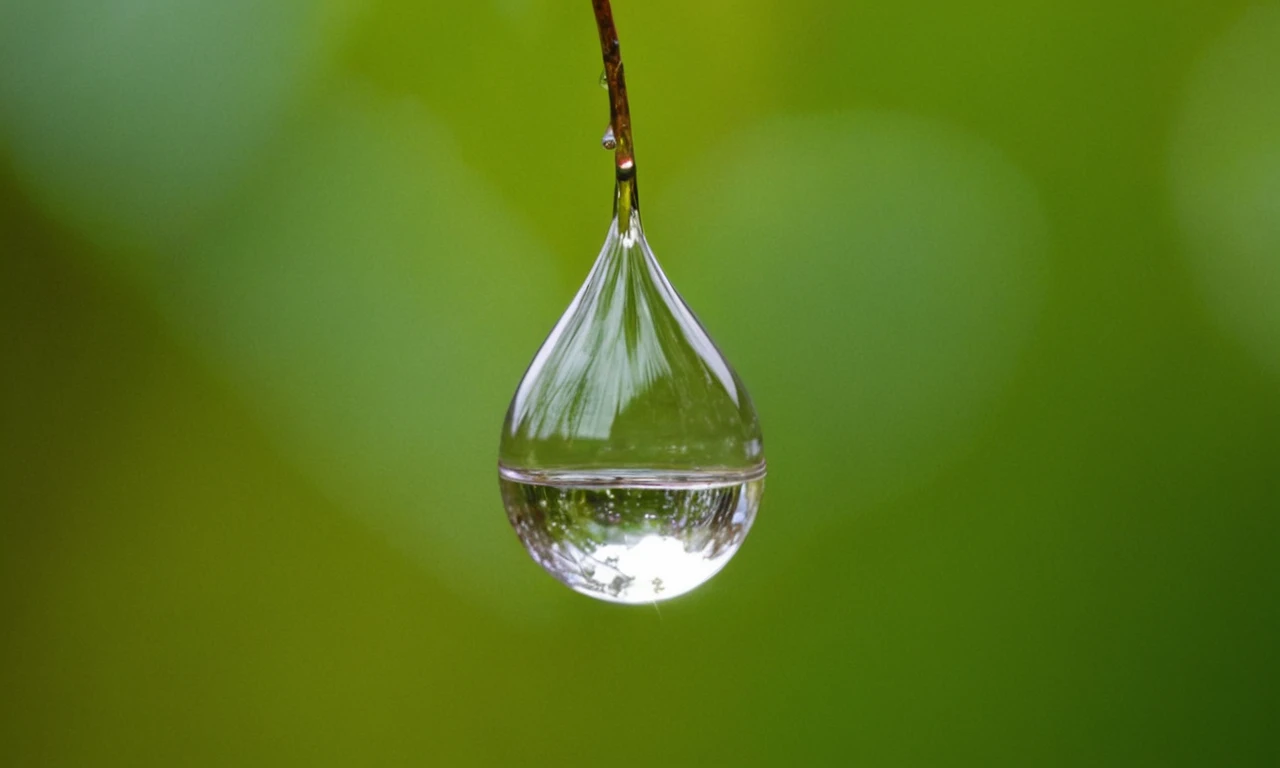 Una gota de agua suspendida sobre la superficie de las tierras con sutiles ondas y hojas que la rodean.