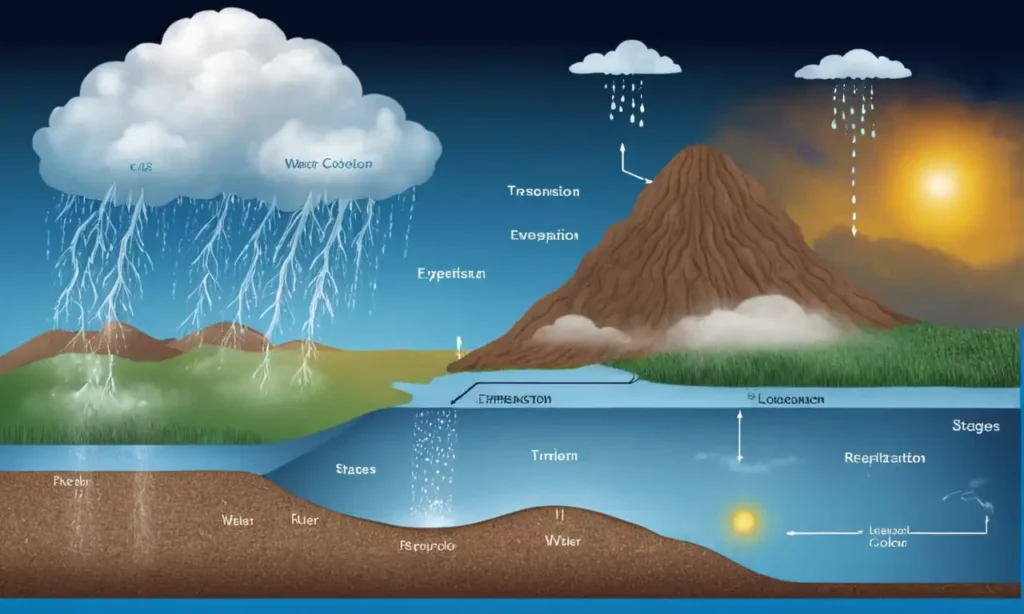 Un diagrama que ilustra las etapas del ciclo del agua incluyendo evaporación