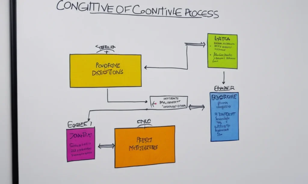 Un diagrama de flujo que ilustra las etapas del proceso cognitivo en un pizarrón.