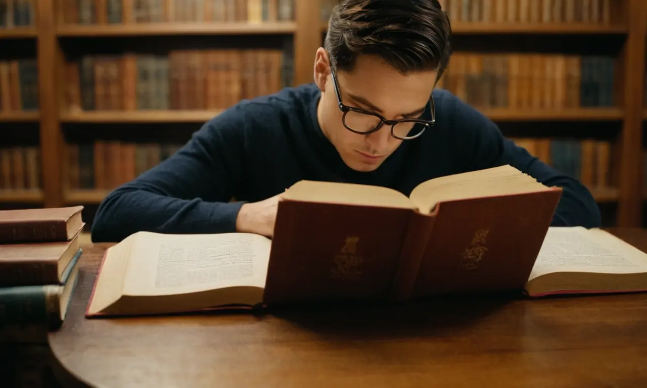 Una persona que estudia con un libro sobre lenguaje y gramática, con ejemplos escritos en los márgenes.