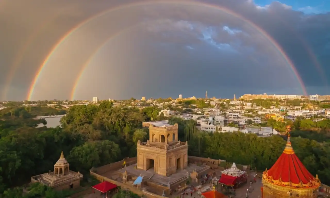 Un arco iris vibrante que se extiende por el cielo, rodeado de varios símbolos e iconos culturales.