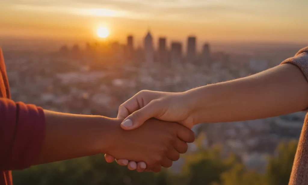 Una persona que tiene las manos con amigos en medio de un vibrante paisaje urbano al atardecer.