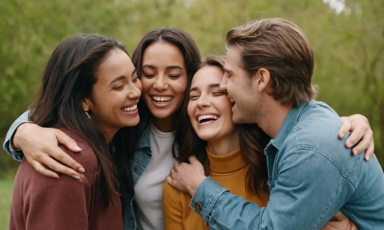 Grupo de amigos riéndose y abrazando al aire libre.