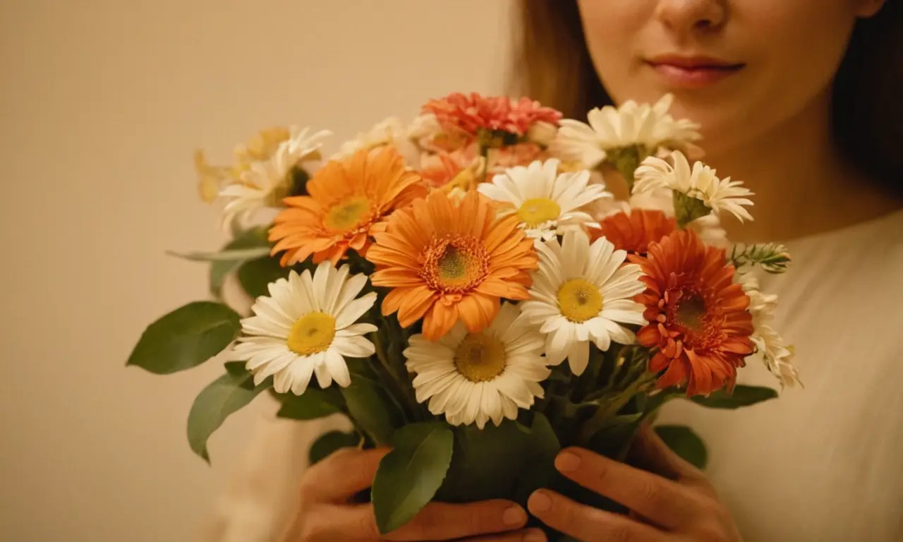 Las personas llevan suavemente un ramo de flores rodeado de luz tibia.