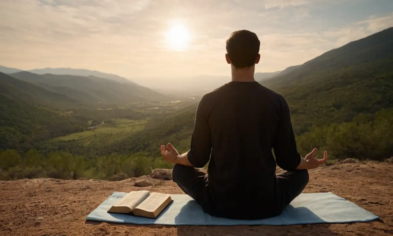 Una persona meditando frente a un paisaje sereno, con una Biblia o texto sagrado cerca.