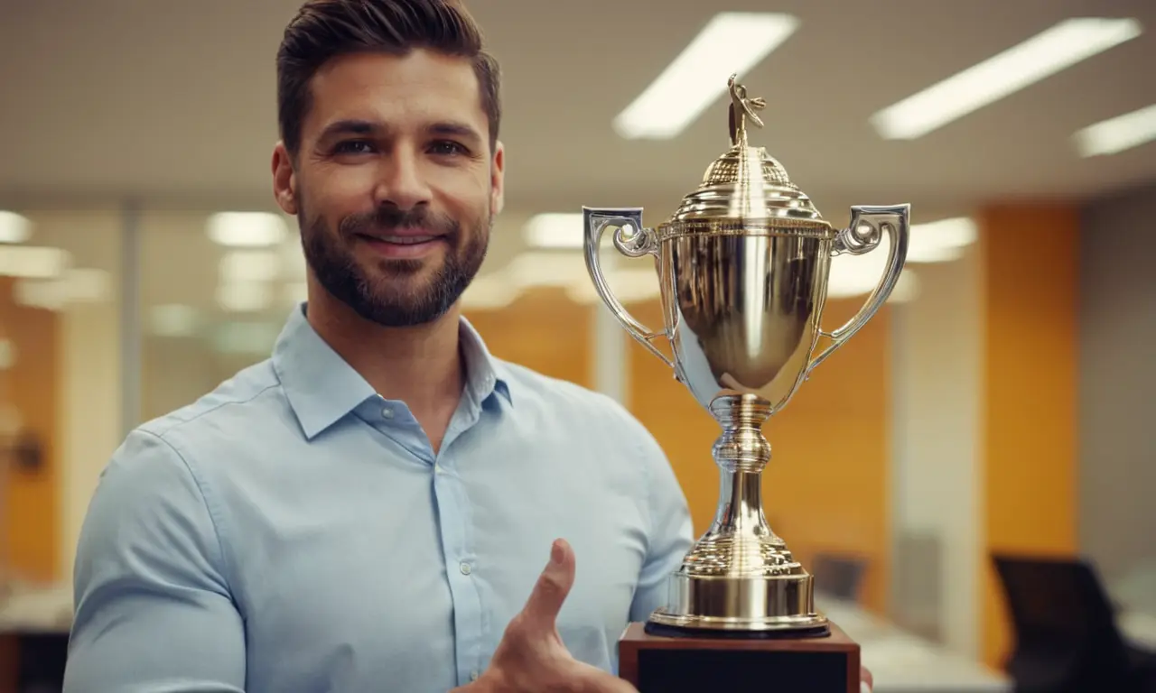 Una persona que tiene un trofeo con una oficina borrosa, simbolizando el éxito profesional.