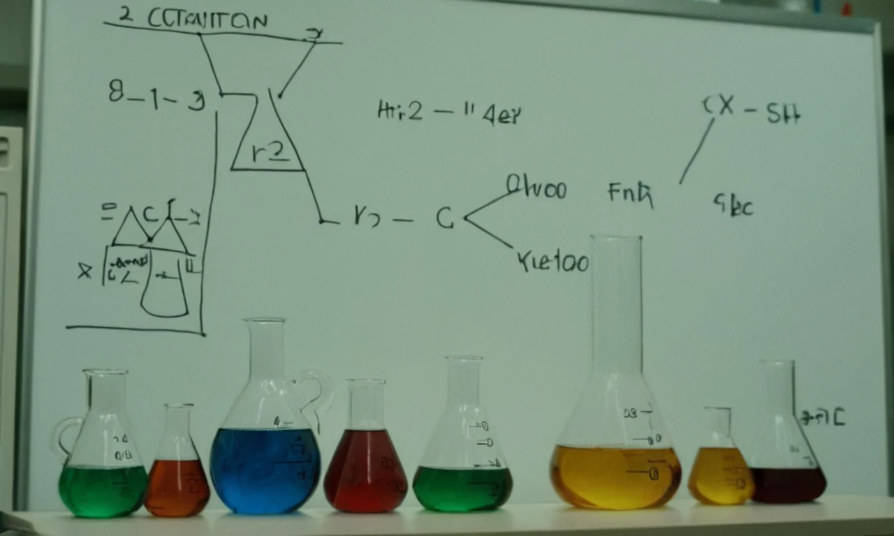 Una fórmula química en una pizarra rodeada de calzoncillos y herramientas de medición.