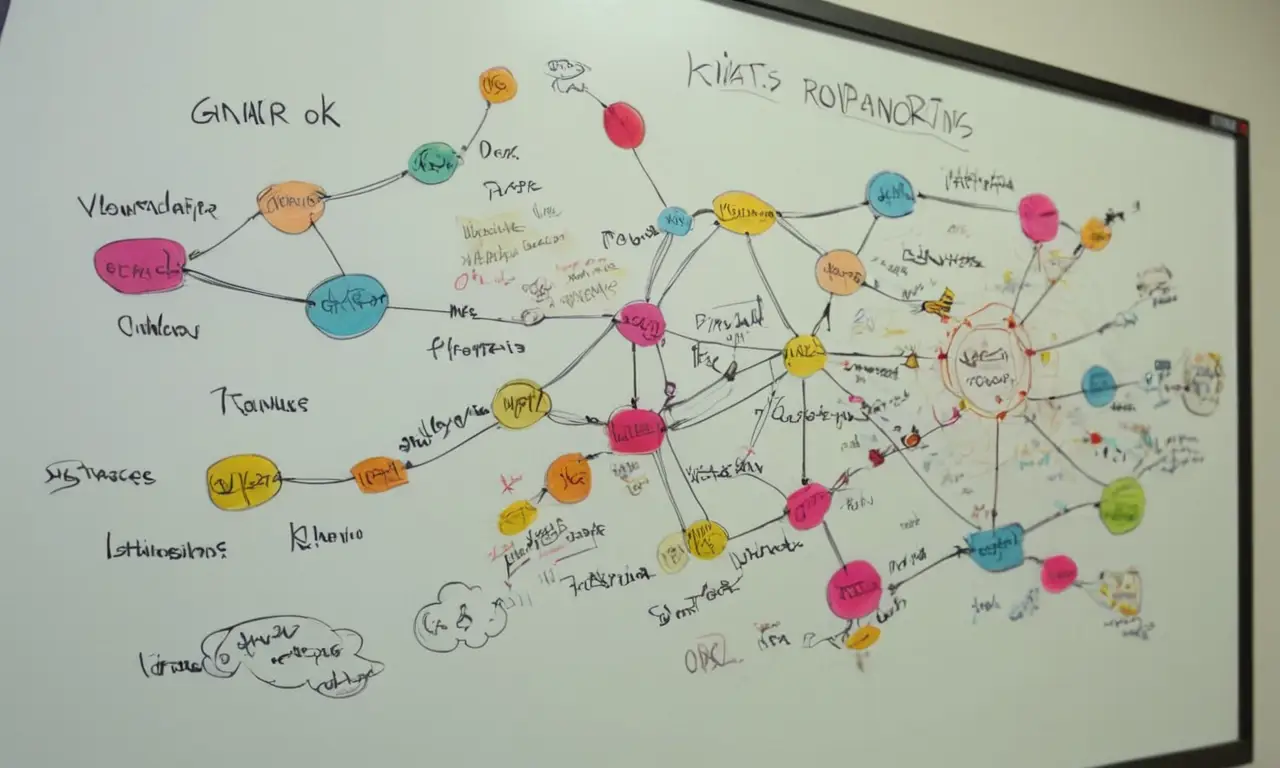 Cartografía mental en una pizarra con conceptos abstractos y símbolos.