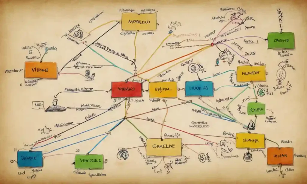 Mapa mental con conceptos e ideas conectados por líneas y símbolos.