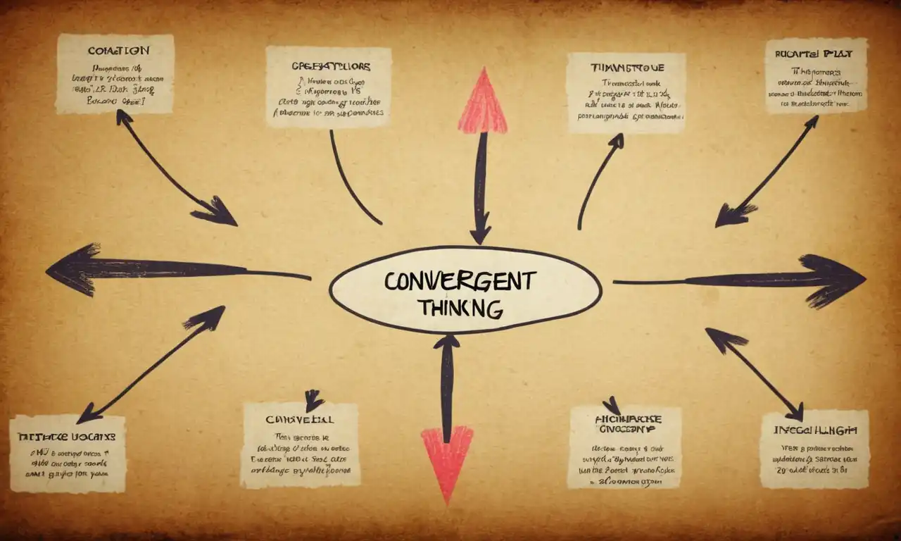 Un diagrama que ilustra conceptos convergentes de pensamiento con flechas que conectan ideas relacionadas.