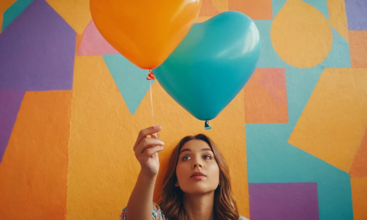 Una persona que sostiene un globo en forma de corazón naranja entre colores vibrantes y patrones lúdicos.