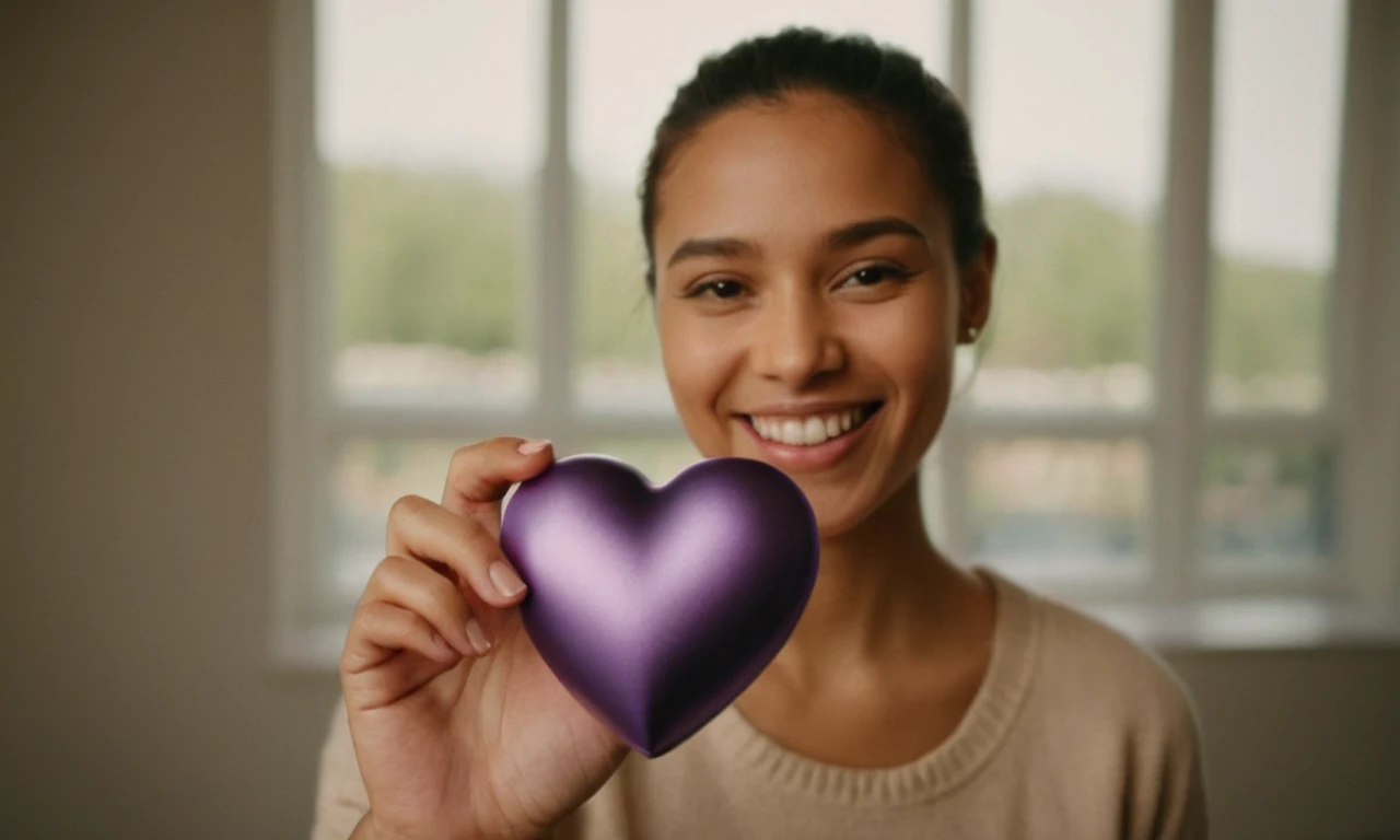 Una persona que sostiene un objeto morado en forma de corazón con una sonrisa cálida y gentil.