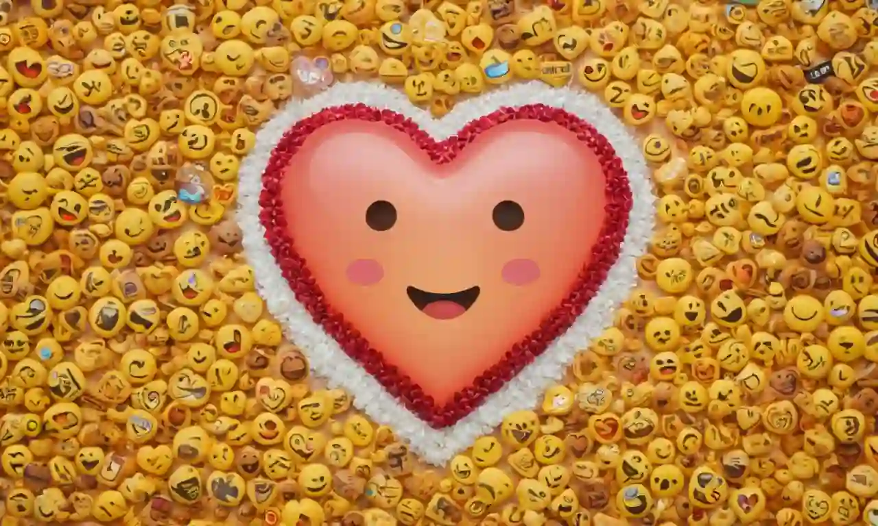 Un símbolo de corazón transparente rodeado por varios emojis que transmiten emociones y mensajes.