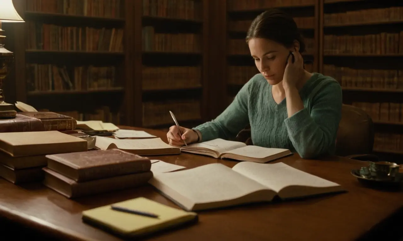 Una persona sentada en un escritorio rodeado de libros y notas.