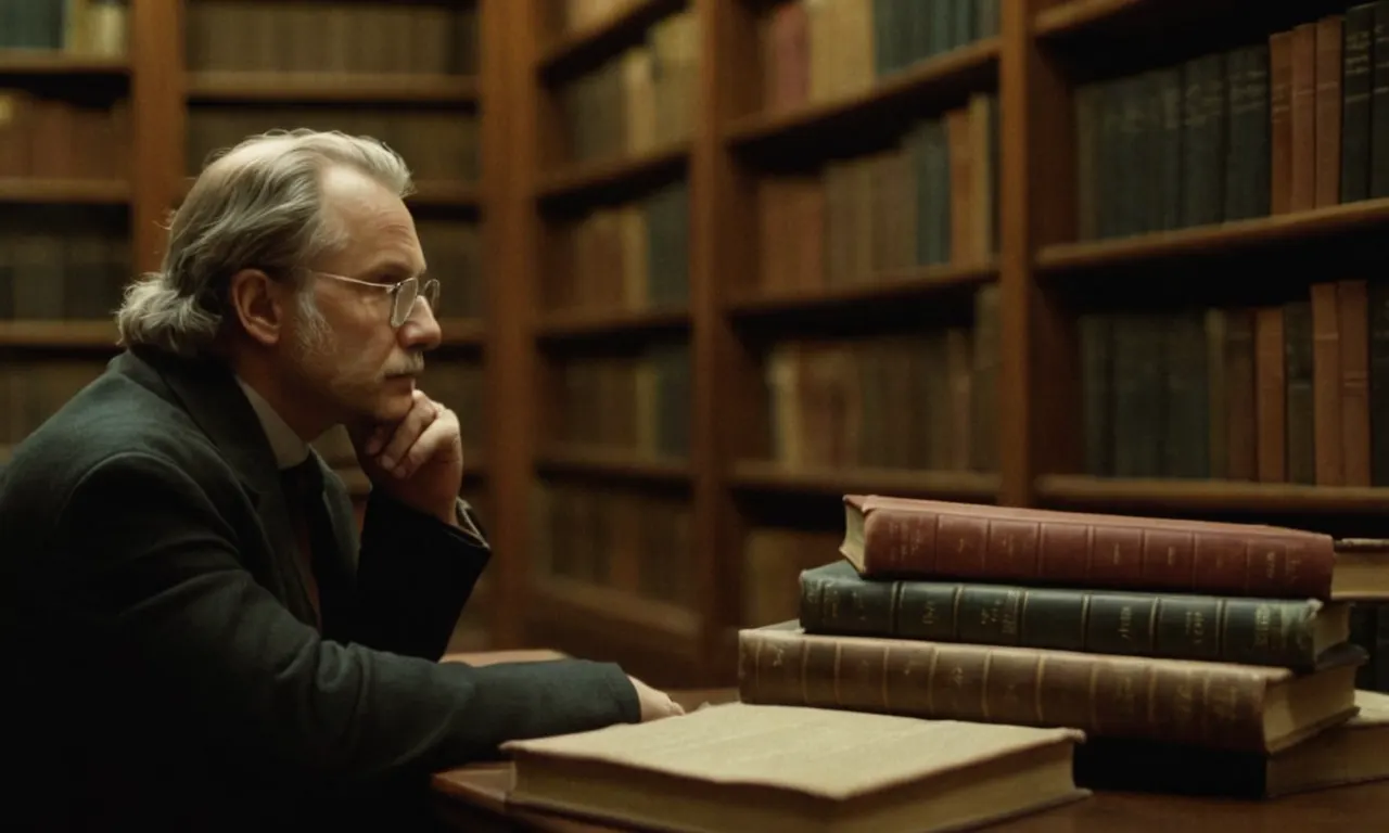 Un filósofo reflexionando en una biblioteca, rodeado de libros sobre diversas teorías filosóficas.