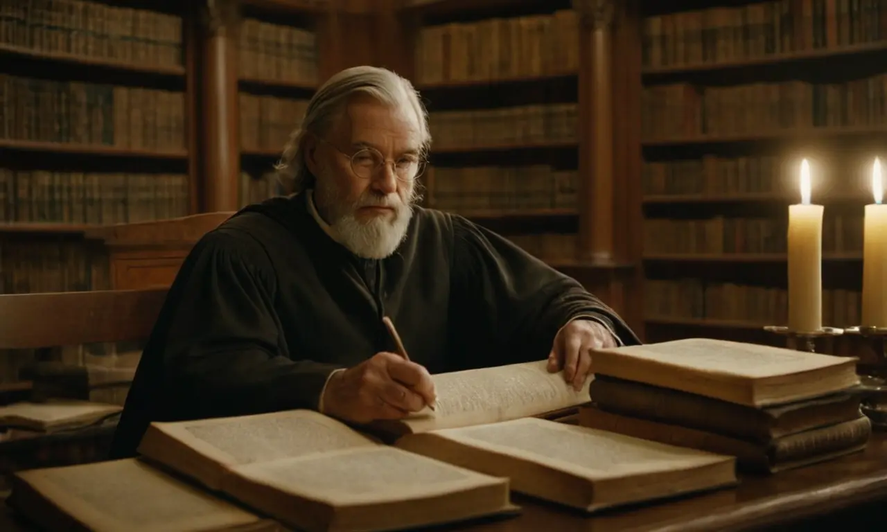 Un filósofo sentado en una biblioteca rodeado de libros y pergaminos.