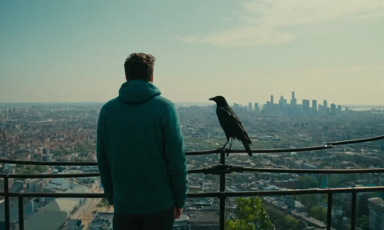 Una persona de pie frente a un nido de cuervos, con un paisaje urbano en el fondo.