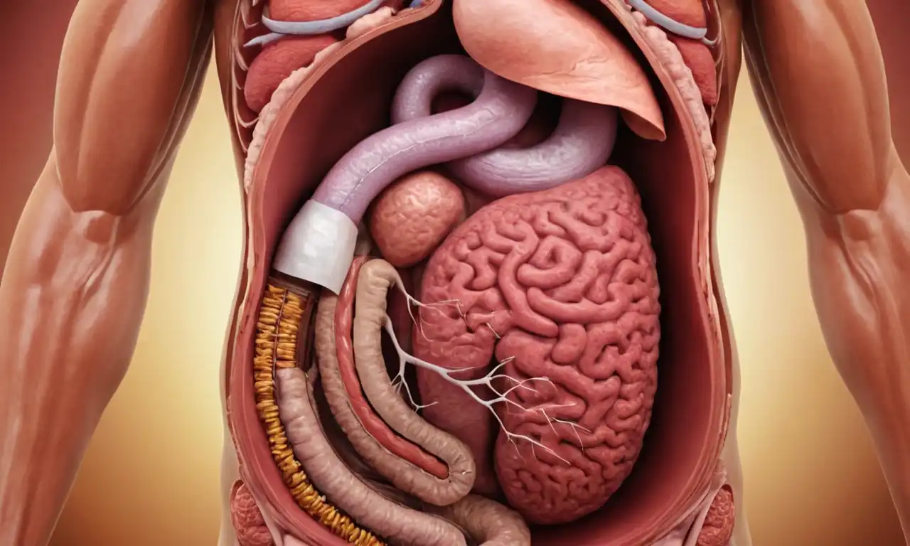 Una ilustración del sistema digestivo humano con etiquetas para estómago, intestinos y hígado.