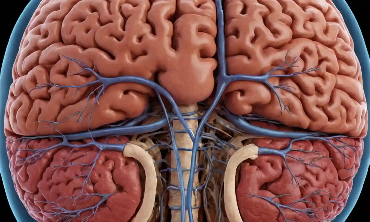 Ilustración del cerebro humano y la médula espinal con varias secciones etiquetadas.