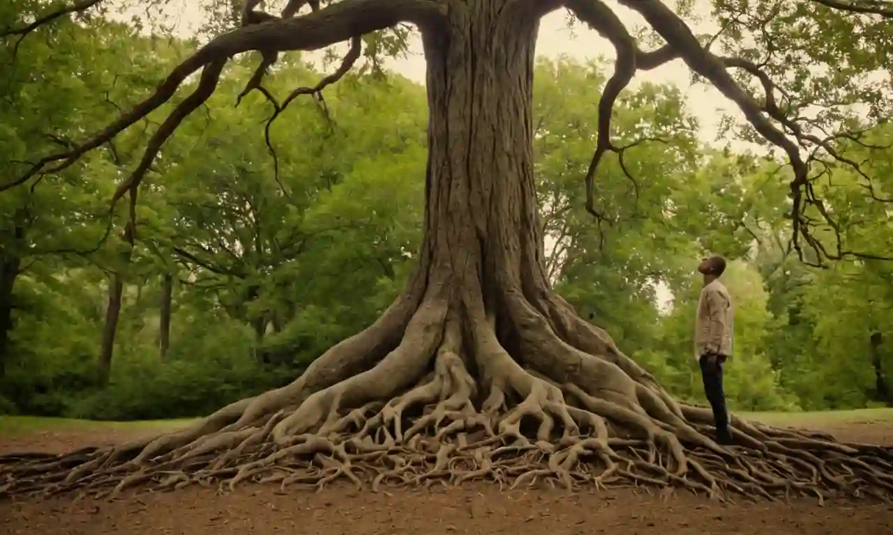 Una persona de pie delante de un árbol con raíces creciendo fuera de su cuerpo, simbolizando el crecimiento y la fuerza personales.