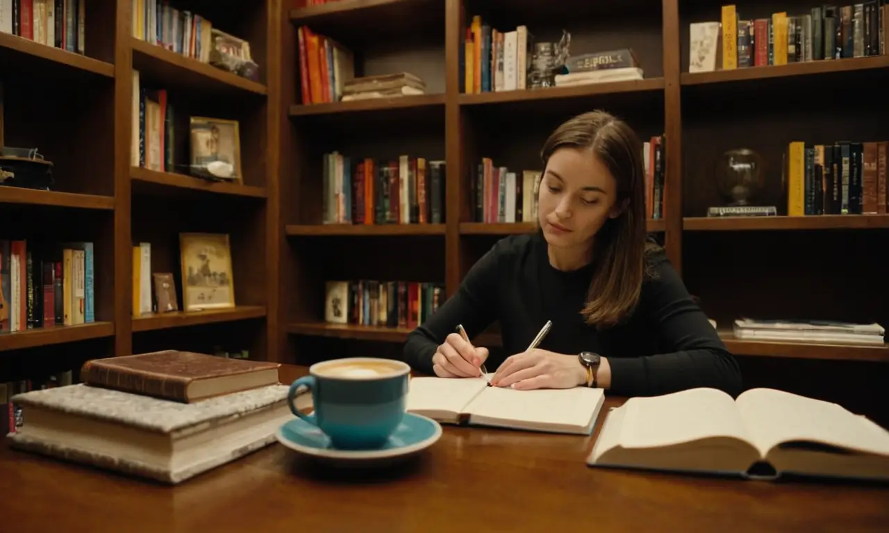 Una persona sentada en un escritorio con un cuaderno y una taza de café, rodeada de estanterías llenas de libros de autoayuda.