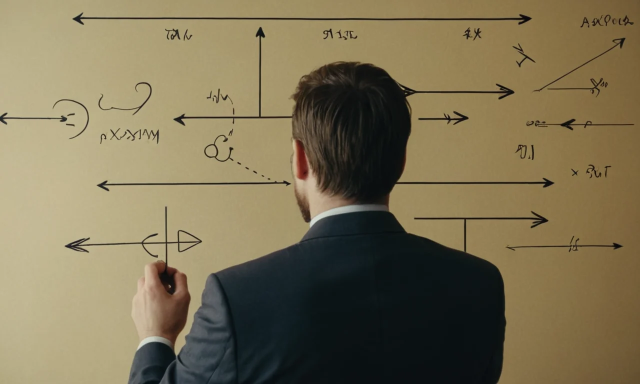 Un experto en lingüística analizando un diagrama con flechas y símbolos lingüísticos.