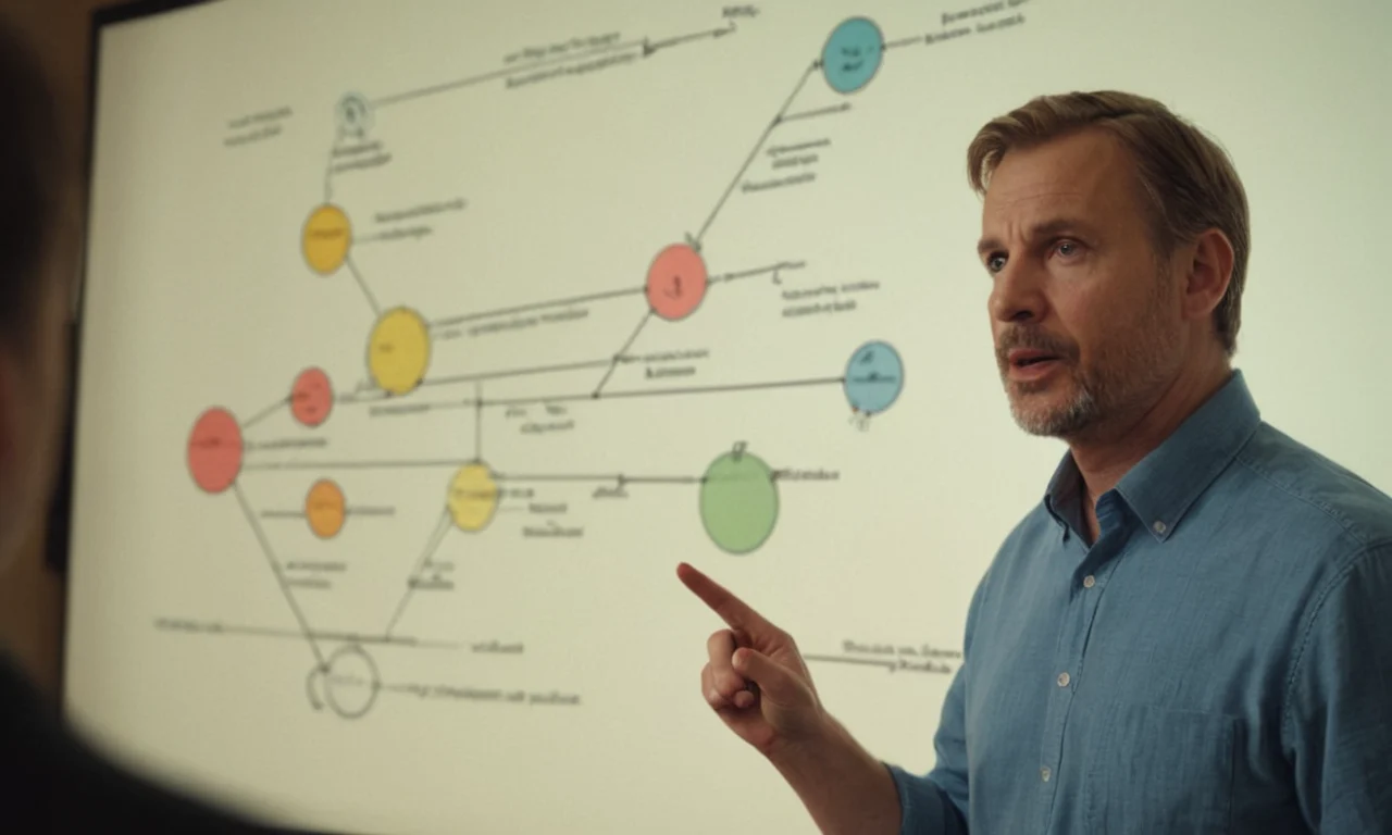 Un experto lingüístico apuntando a un diagrama de sistemas de notación lingüística.