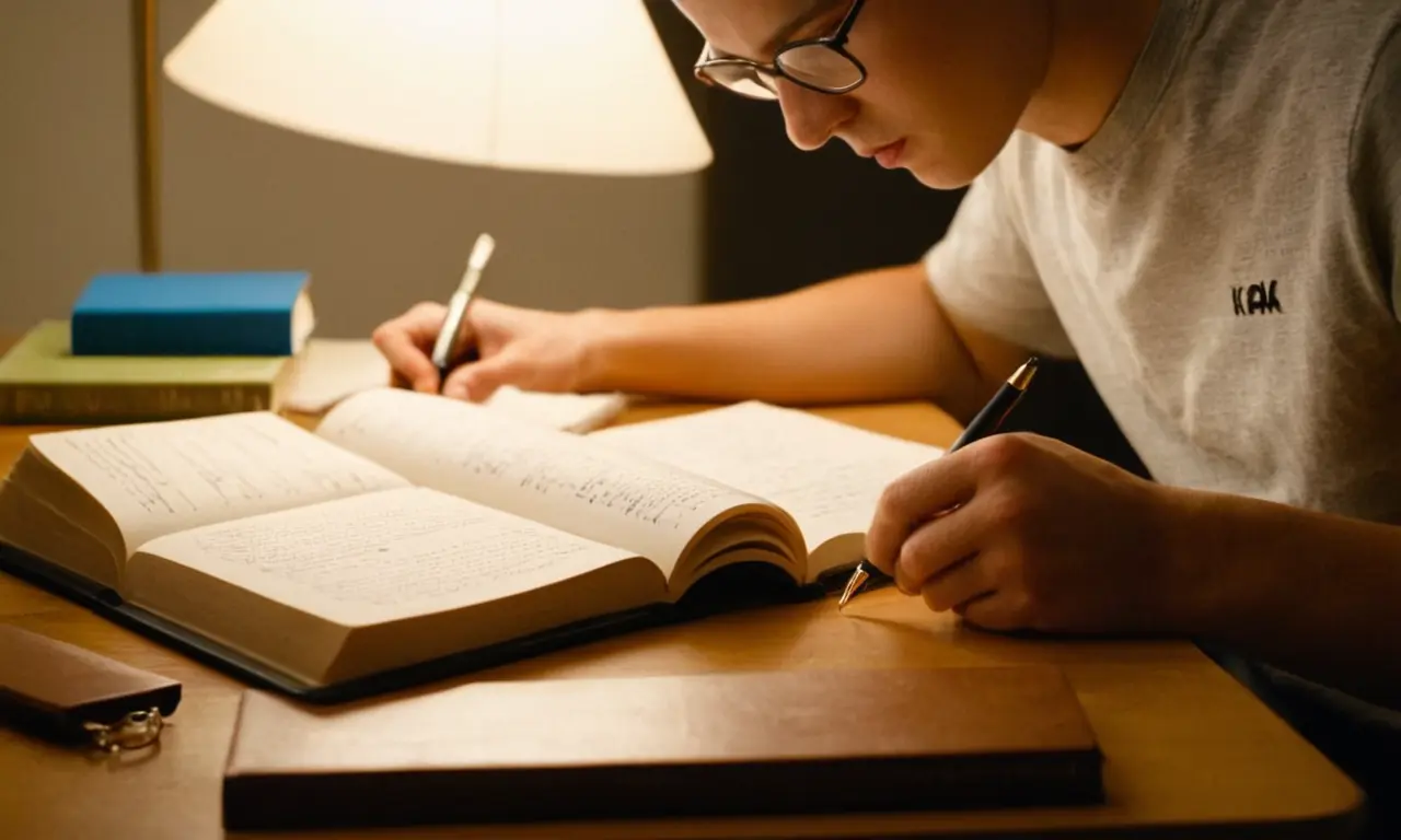 Un estudiante que estudia notas en un escritorio con libro de gramática y ejemplos abiertos.