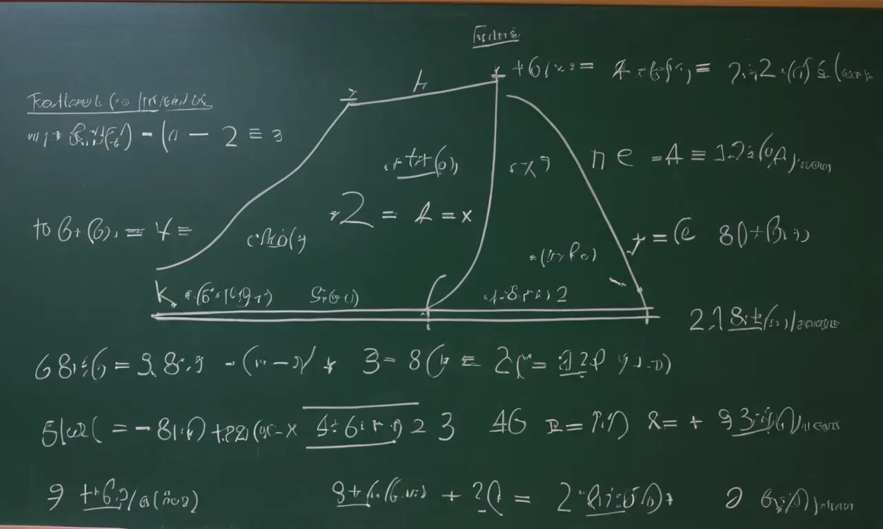 Una ecuación matemática o diagrama en una pizarra o pizarra con notas y ejemplos relacionados.