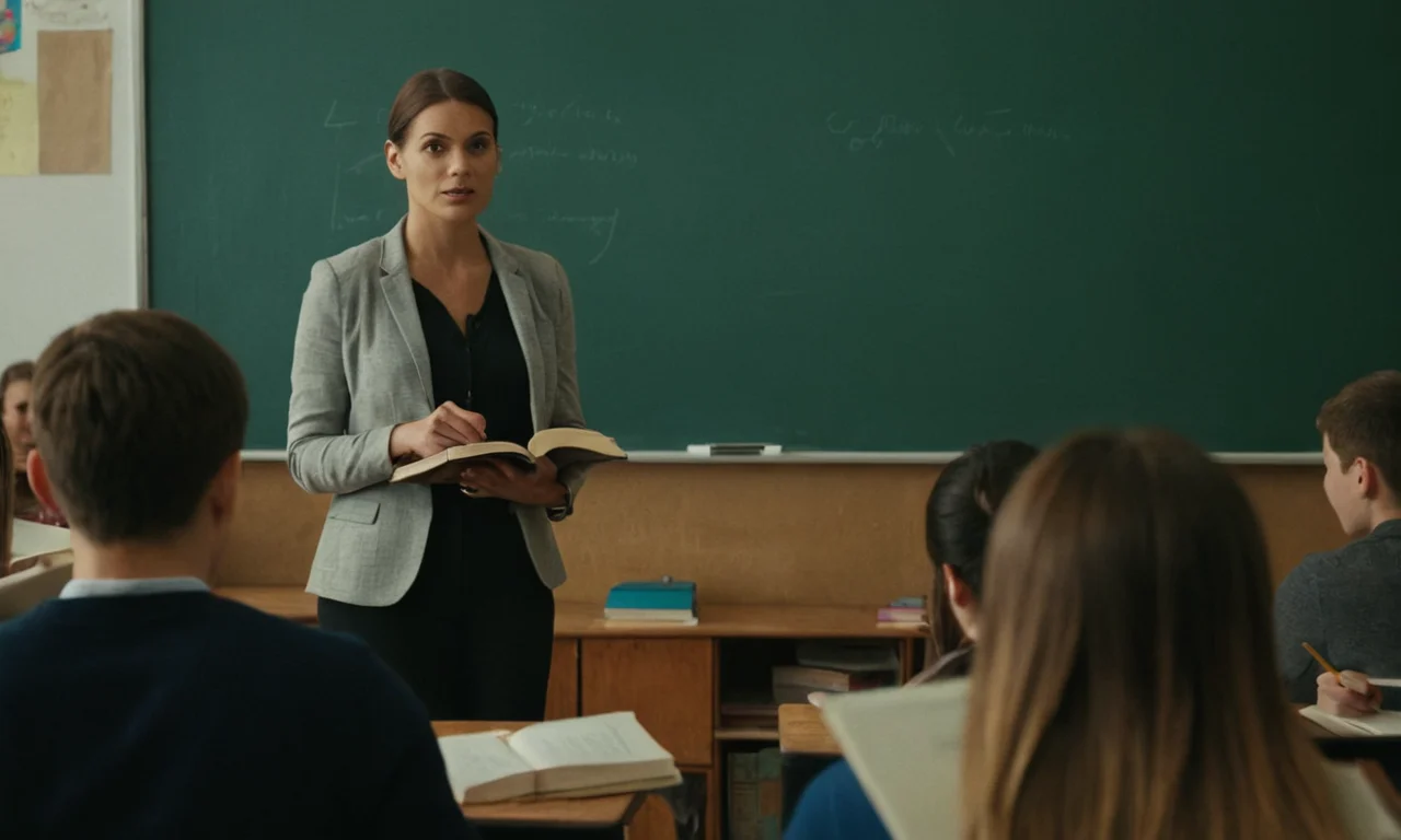 Un profesor de pie frente a una pizarra, rodeado de estudiantes comprometidos con libros y notas.