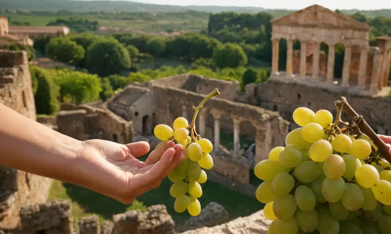 Una persona agarrando un montón de uvas, con ruinas romanas antiguas en el fondo.