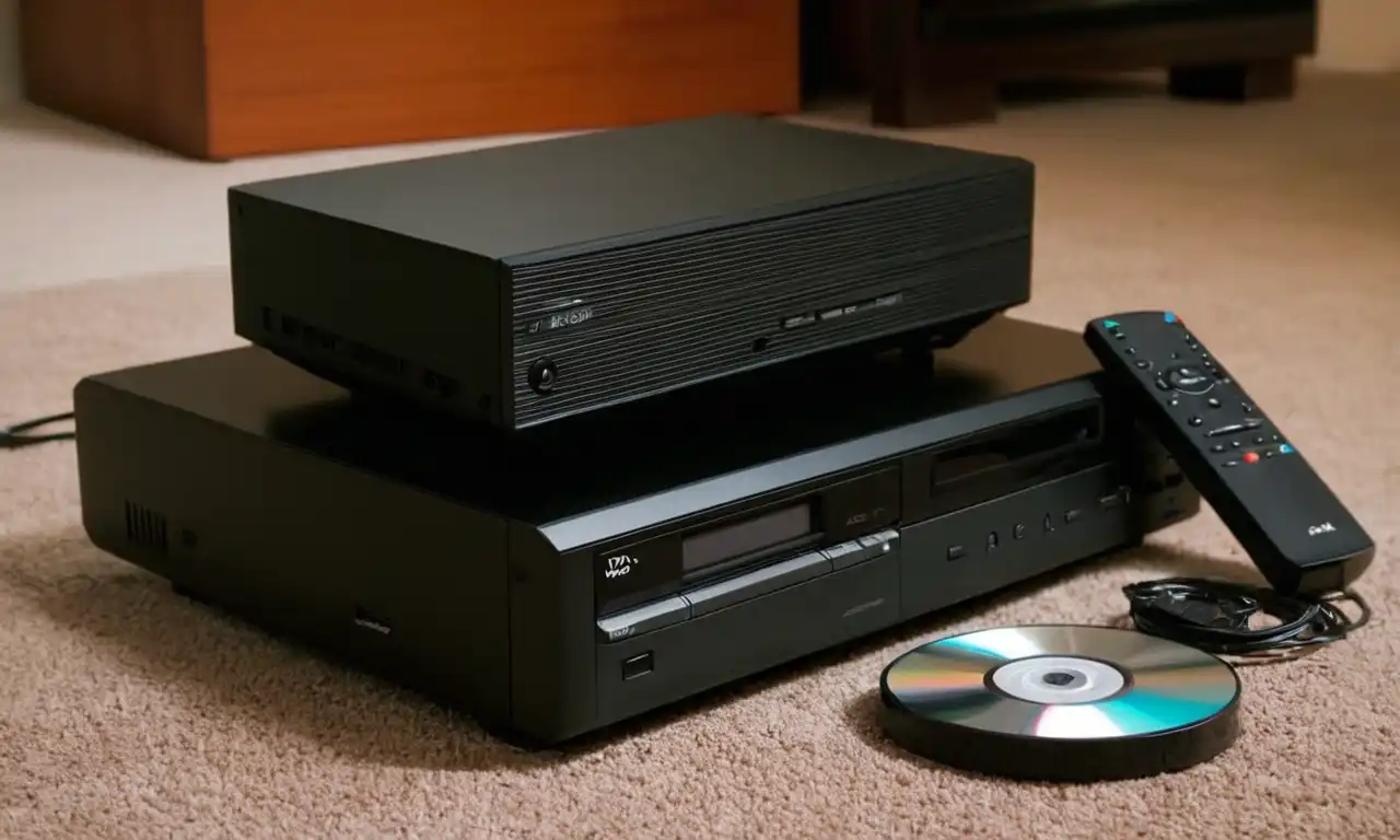 Un reproductor de DVD con discos apilados a su lado, rodeado de cables y control remoto.